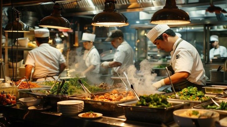 Travelt restaurantkjøkken med kokker, damp og ferdig mat